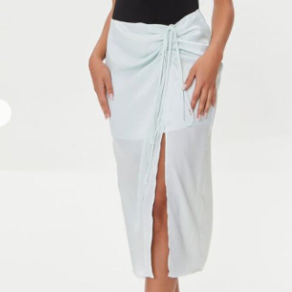 NWT Satin Ruched Drawstring Skirt Mint Green Sz Small - Picture 1 of 3